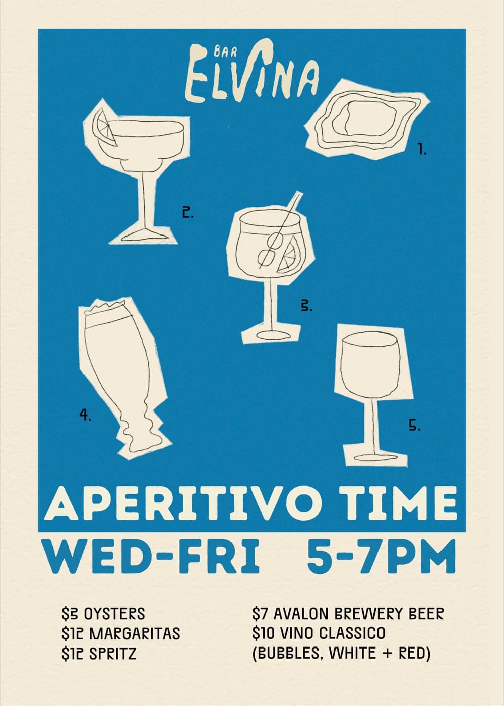 Aperitivo Time - Wed to Fri 5-7pm, oysters, margaritas, spritz and wine